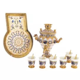 Чайный набор с лазуритом "Самоварный домик" на 6 персон, 14 предметов, Златоуст