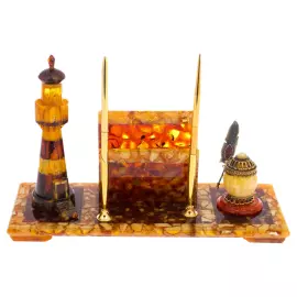 Письменный прибор из янтаря "Рим. Маяк" с ручками и чернильницей