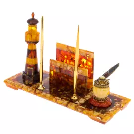 Письменный прибор из янтаря "Рим. Маяк" с ручками и чернильницей