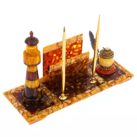 Письменный прибор из янтаря "Рим. Маяк" с ручками и чернильницей