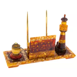 Письменный прибор из янтаря "Рим. Маяк" с ручками и чернильницей