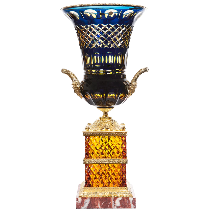 Amber-blue crystal vase "Palazzo" on a pedestal