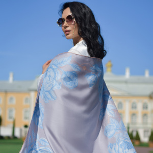 Silk handkerchief "Peonies" blue haze