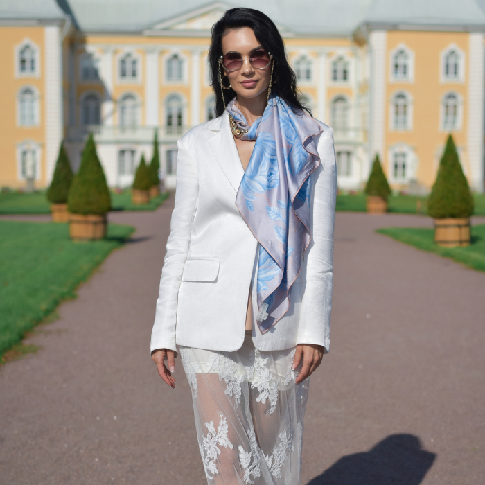 Silk handkerchief "Peonies" blue haze