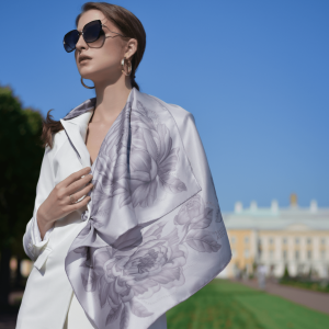 Silk handkerchief "Peonies" grey veil