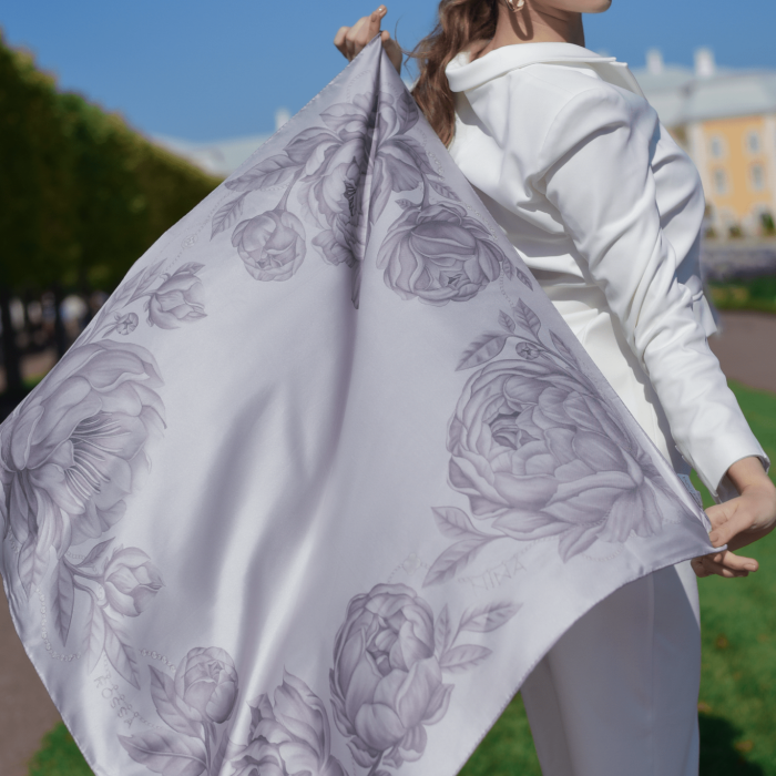 Silk handkerchief "Peonies" grey veil