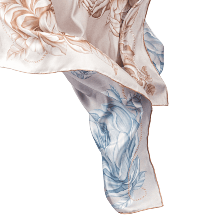 Silk shawl "Peonies" latte / blue haze