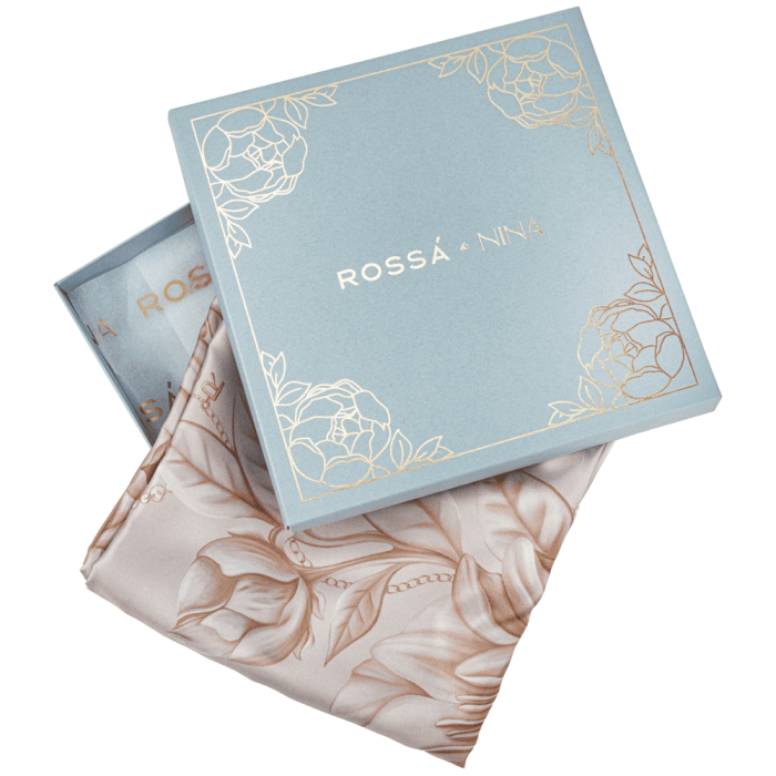 Silk shawl "Peonies" latte / blue haze