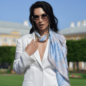 Silk shawl "Peonies" latte / blue haze