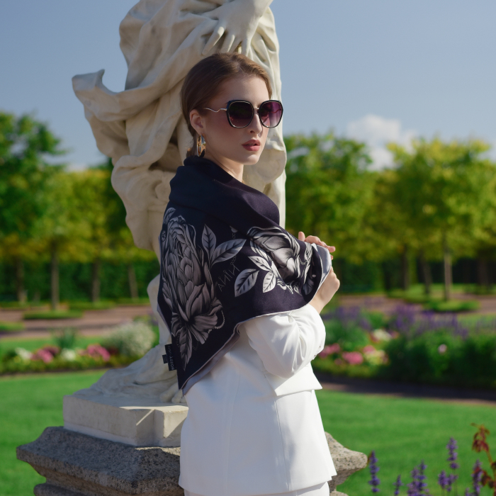Silk handkerchief "Peonies" black