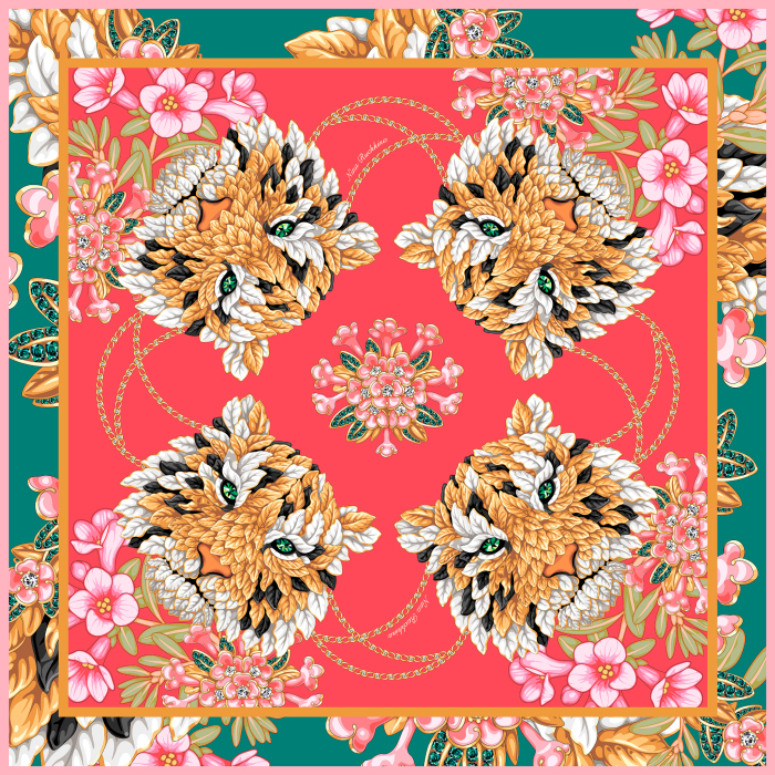 Silk handkerchief "Precious tigers" pink