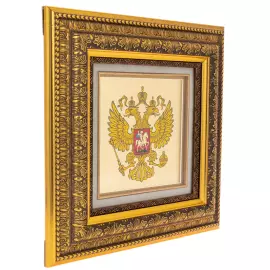 Painting on gold leaf "Coat of Arms of Russia" in a wooden box