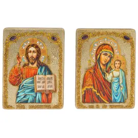 Венчальная пара икон "Казанская икона Божией Матери" и "Господь Вседержитель" полуаналойная, мореный дуб Венчальная пара икон "Казанская икона Божией Матери" и "Господь Вседержитель" полуаналойная, мореный дуб