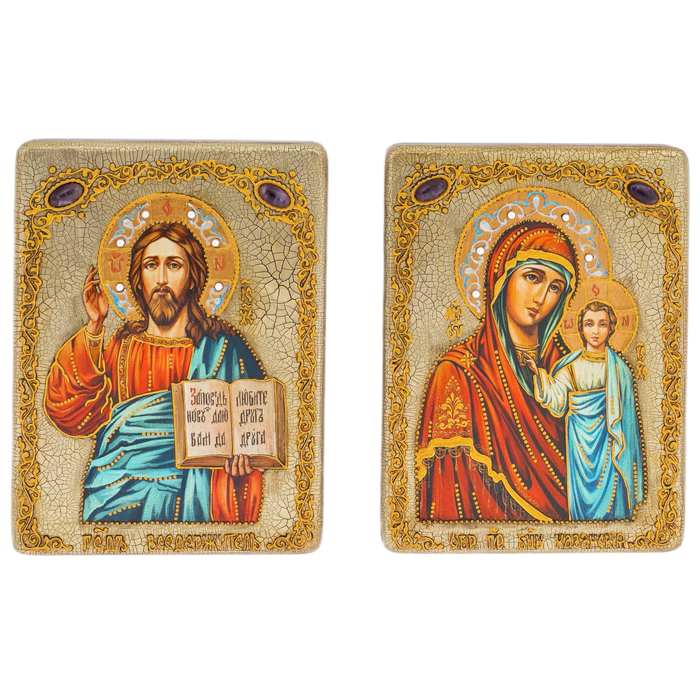 Wedding pair of icons "Kazan Icon of the Mother of God" and "Lord Almighty" (stained oak) (semi-oval)