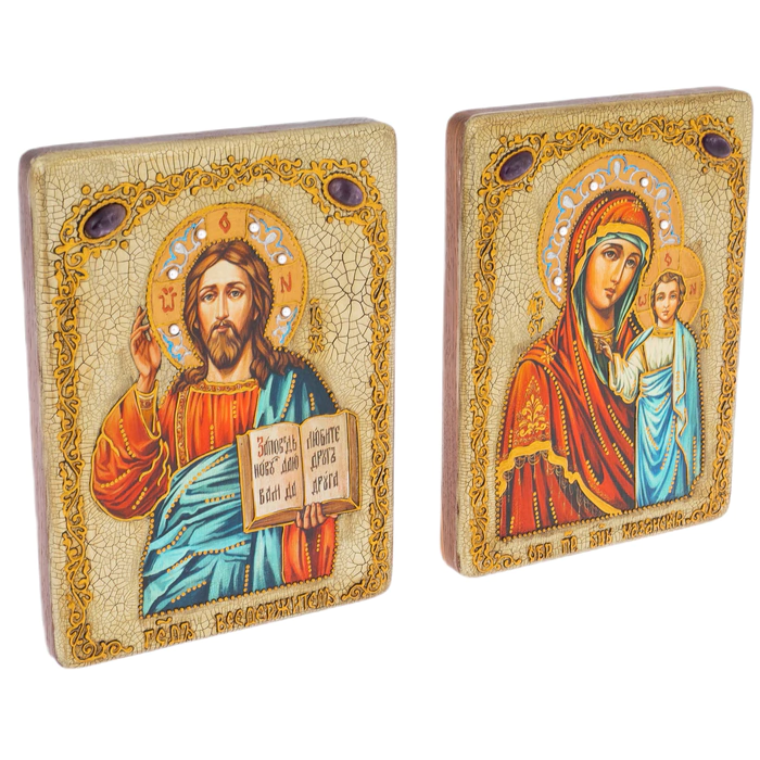 Wedding pair of icons "Kazan Icon of the Mother of God" and "Lord Almighty" (stained oak) (semi-oval)