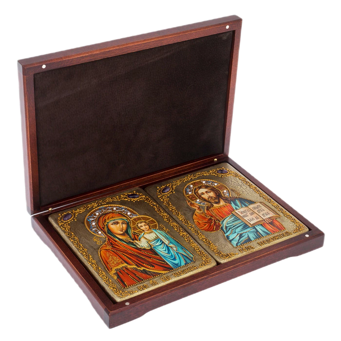 Wedding pair of icons "Kazan Icon of the Mother of God" and "Lord Almighty" (stained oak) (semi-oval)