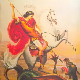 Картина на сусальном золоте "Георгий Победоносец" изумруд/терракот