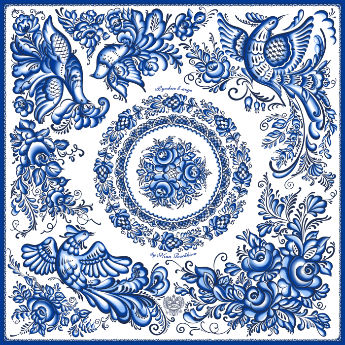 Silk handkerchief "Gzhel" with hand stitching