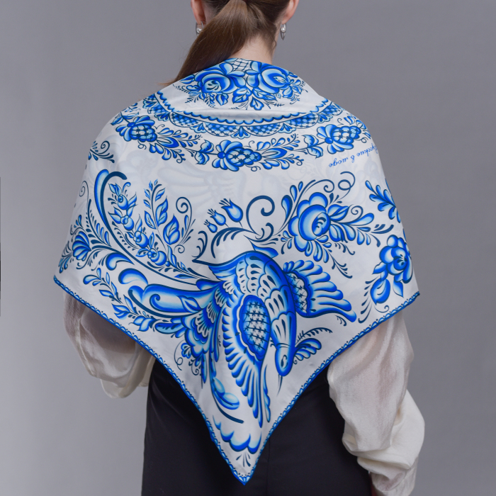 Silk handkerchief "Gzhel" with hand stitching