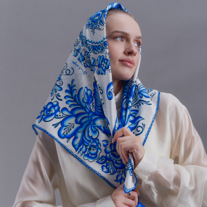 Silk handkerchief "Gzhel" with hand stitching