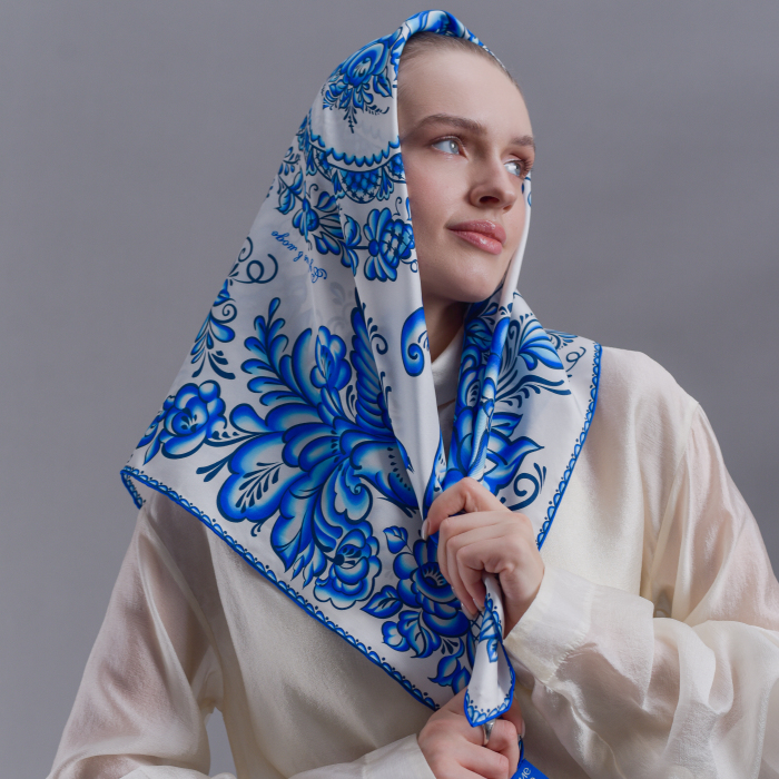 Silk handkerchief "Gzhel" with hand stitching