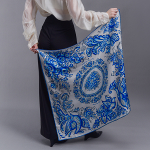 Silk handkerchief "Gzhel" with hand stitching