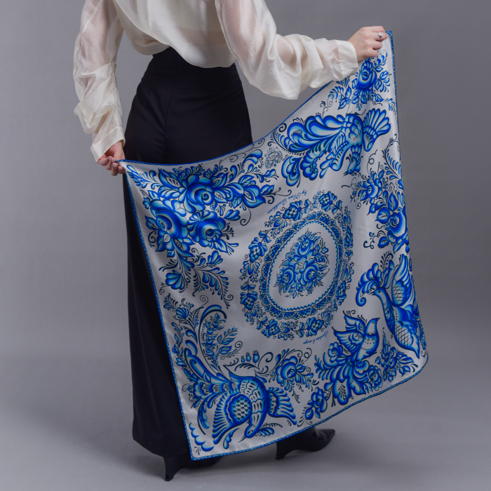 Silk handkerchief "Gzhel" with hand stitching