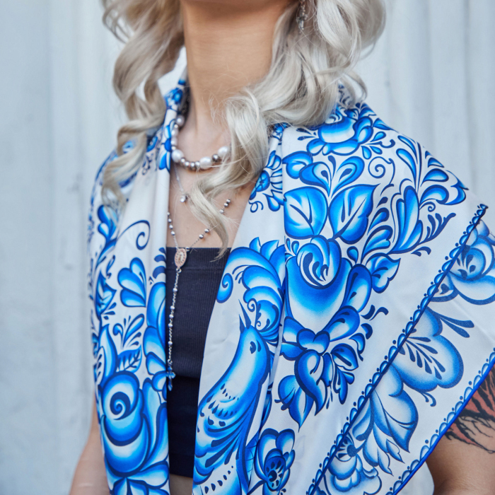 Silk handkerchief "Gzhel" with hand stitching