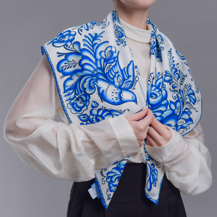 Silk handkerchief "Gzhel" with hand stitching