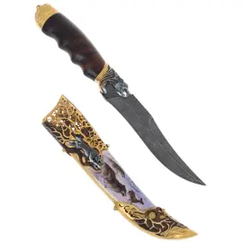 Нож сувенирный "Волк" из дамасской стали и эмалями, Златоуст