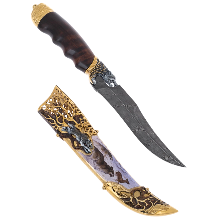 Souvenir knife "Wolf" made of Damascus steel and enamels, Zlatoust