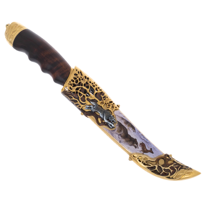 Souvenir knife "Wolf" made of Damascus steel and enamels, Zlatoust