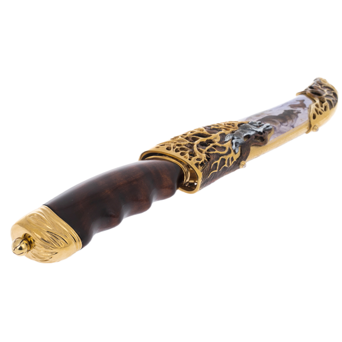 Souvenir knife "Wolf" made of Damascus steel and enamels, Zlatoust