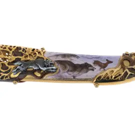 Нож сувенирный "Волк" из дамасской стали и эмалями, Златоуст