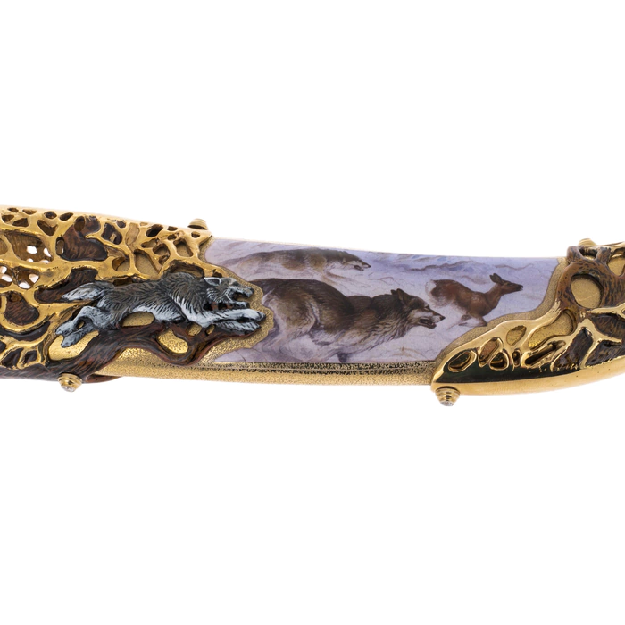 Souvenir knife "Wolf" made of Damascus steel and enamels, Zlatoust