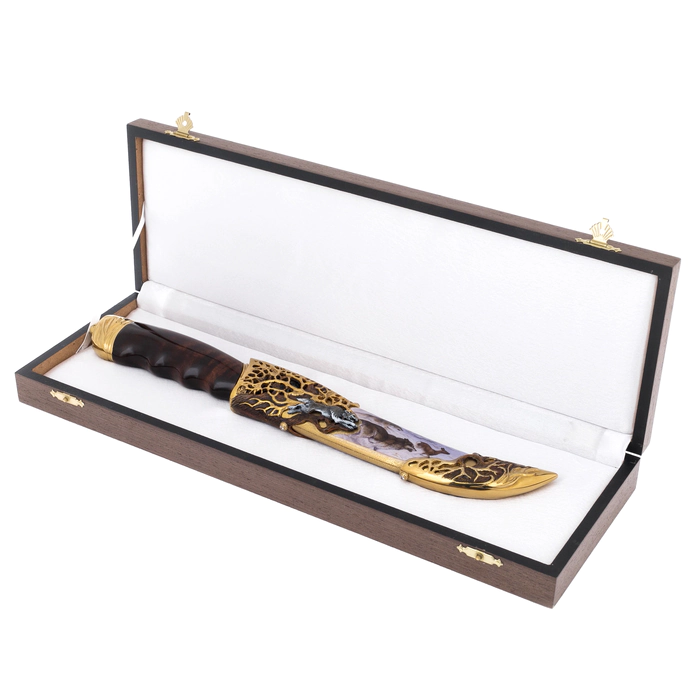 Souvenir knife "Wolf" made of Damascus steel and enamels, Zlatoust