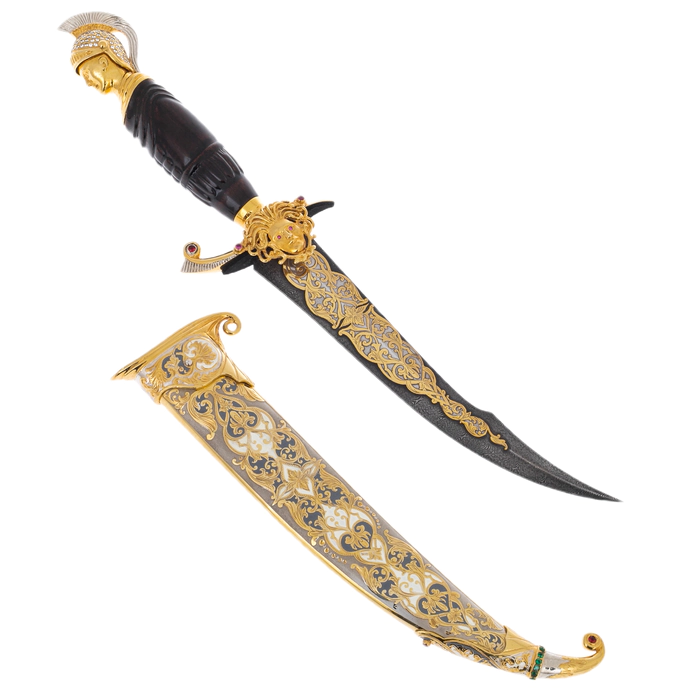 Poseidon souvenir knife made of Damascus steel and cubic zirconia, Zlatoust