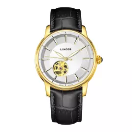 Наручные механические часы Lincor 1183 с автоподзаводом, золотисто-белые с черным ремешком
