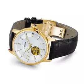 Наручные механические часы Lincor 1183 с автоподзаводом, золотисто-белые с черным ремешком