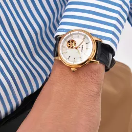 Наручные механические часы Lincor 1183 с автоподзаводом, золотисто-белые с черным ремешком