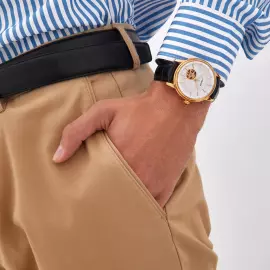 Наручные механические часы Lincor 1183 с автоподзаводом, золотисто-белые с черным ремешком