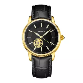 Наручные механические часы Lincor 1183 с автоподзаводом, золотисто-черные с черным ремешком