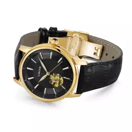Наручные механические часы Lincor 1183 с автоподзаводом, золотисто-черные с черным ремешком