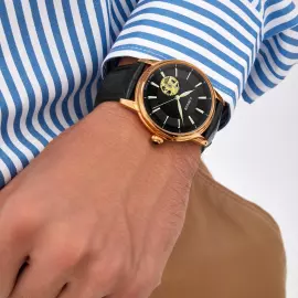 Наручные механические часы Lincor 1183 с автоподзаводом, золотисто-черные с черным ремешком