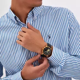 Наручные механические часы Lincor 1183 с автоподзаводом, золотисто-черные с черным ремешком