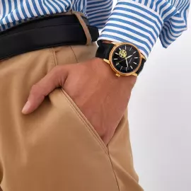 Наручные механические часы Lincor 1183 с автоподзаводом, золотисто-черные с черным ремешком