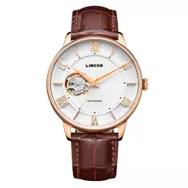 Наручные механические часы Lincor 1927 с автоподзаводом, золотисто-белые с коричневым ремешком