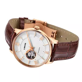 Наручные механические часы Lincor 1927 с автоподзаводом, золотисто-белые с коричневым ремешком
