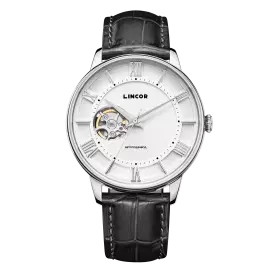 Наручные механические часы Lincor 1927 с автоподзаводом, серебристые с черныым ремешком