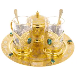 Чайный набор с малахитом "Оазис" на 2 персоны, Златоуст Чайный набор с малахитом "Оазис" на 2 персоны, Златоуст